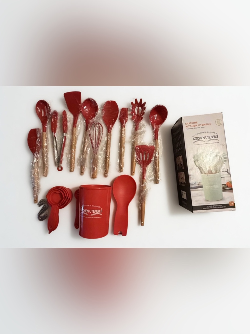 32 Pc Red Silicone & Wood Kitchen Utensil Set